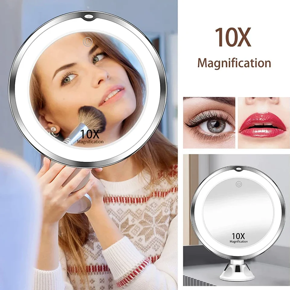 10x Zväčšovanie zrkadla so svetlami dotykovou obrazovkou LED osvetlenie LED Dláždenie lampa LAMP Bottom Flexibilný prenosný dizajn