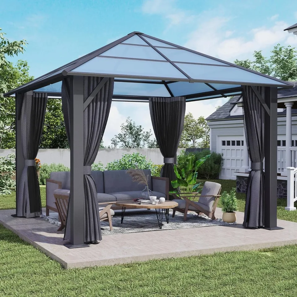 10'X10 'Pavilón tvrdej dosky, vonkajší pavilón polykarbonátu s sieťou a slnečnými závesmi hliníkového pergola