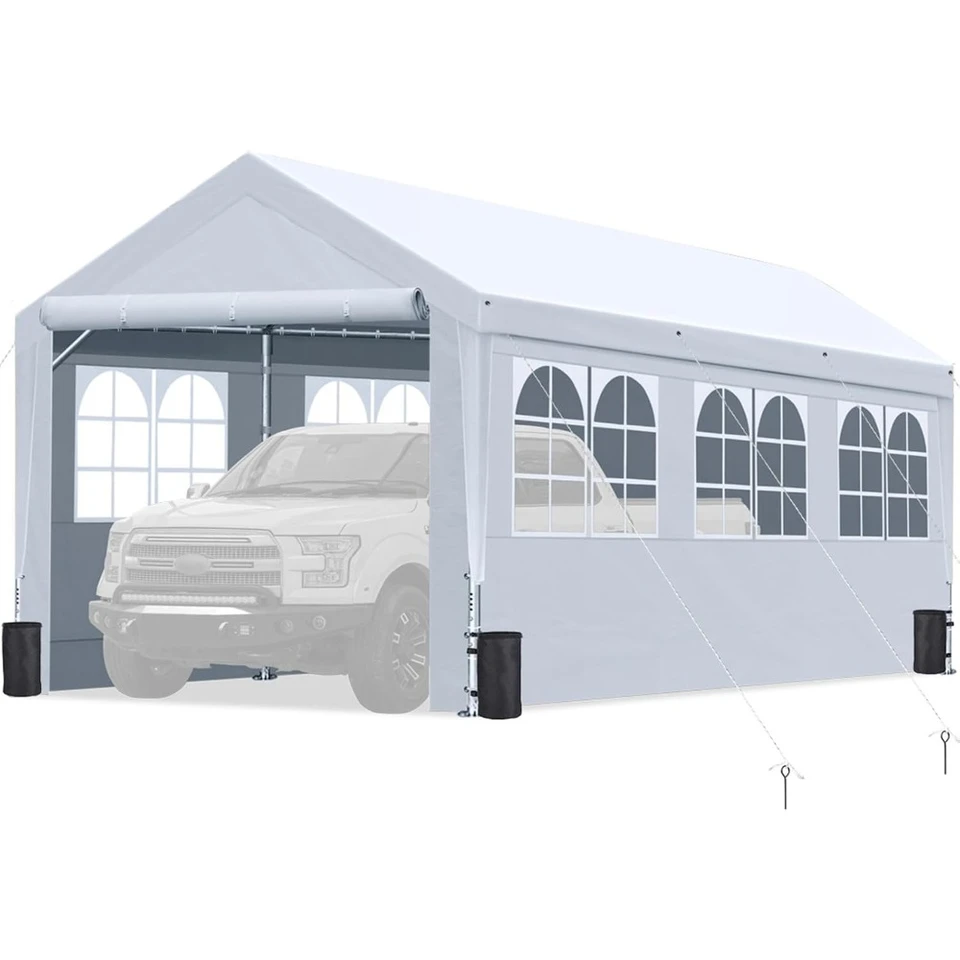 10x20 ft nastaviteľná výška Carport Heavy Duty Car Canopy Garage Shelter Svadobná strana stan, odnímateľná bočná stena okna PVC