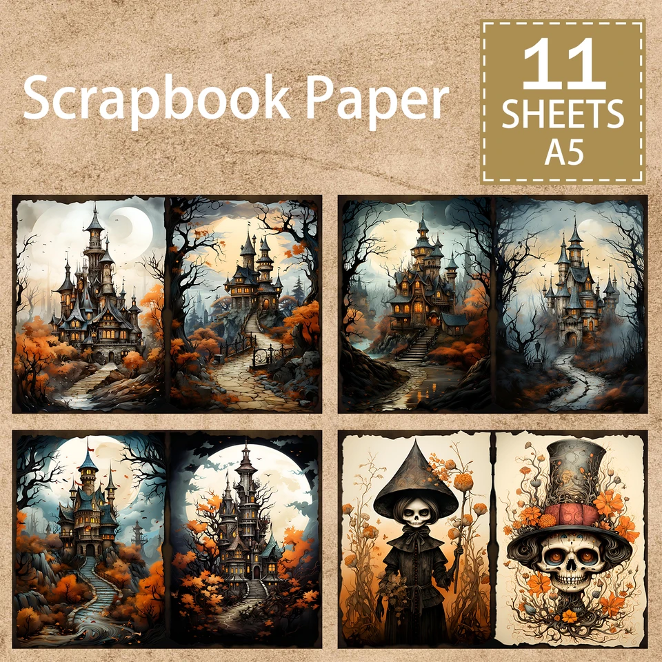 11 listov A5 veľkosti Halloween Skeleton Haunted House Pozadie Vintage Grunge Journal Planning Scrapbooking