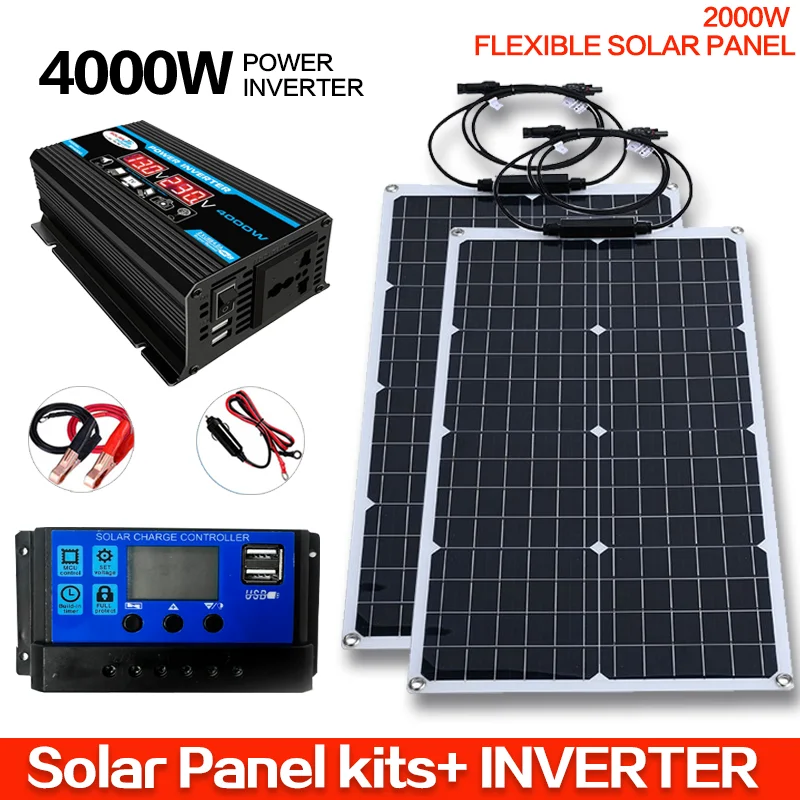 110V 220V 2000W Flexibilný solárny panel Systém 12V Ovládač nabíjania batérie 4000W Solar Inverter Kit kompletný pre domáci vonku