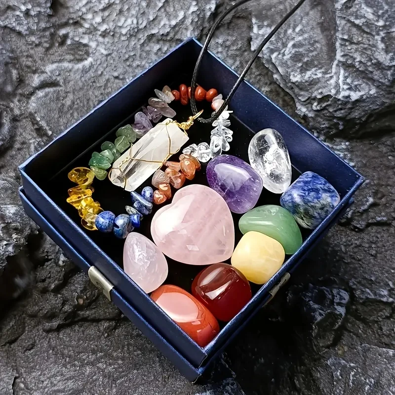 11ks Set Natural Crystal Sedemfarebná kameňová kombinácia Sada práškových krištáľov Love Hexagonal Hexagonal Multi -farebná zhodná darčeková skrinka