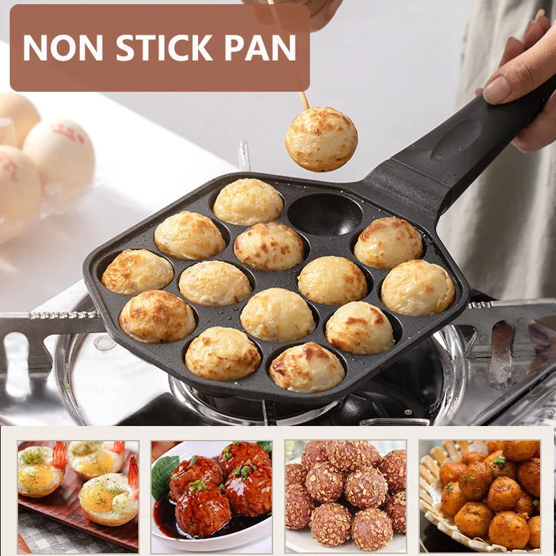 12/14 otvor Takoyaki Pan Drevená rukoväť chobotnice guľôčky Fry Pan liatina formy Domácnosť Nefringová panvica na varenie