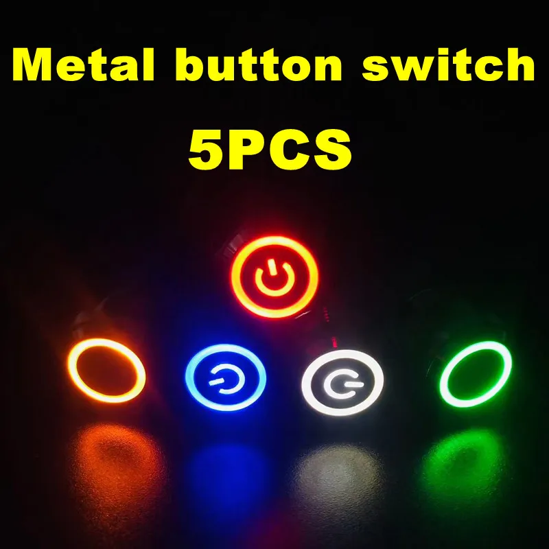 12/16/19 mm vodotesný kovový gombík LED LED LED LOCKING RESET MOTOR MOTOR STOP STOP Spínač 5ks červená zelená modrá biela