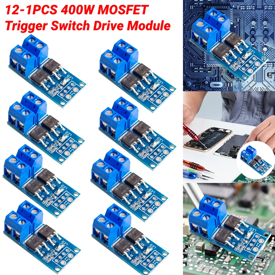 12-1pcs MOSFET spínač spínača Modul 400 W PWM nastavovacia doska Elektronický spínač 15a max 30a pre Arduino DC 5V-36V