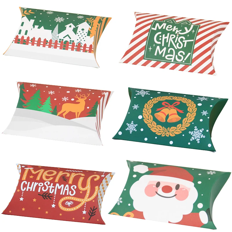 12/22ks vankúšový tvar Candy Kraft Paper Box Merry Christmas Box Balenie Kids Detský nový rok 2023 Navidad 2022 Dekorácia