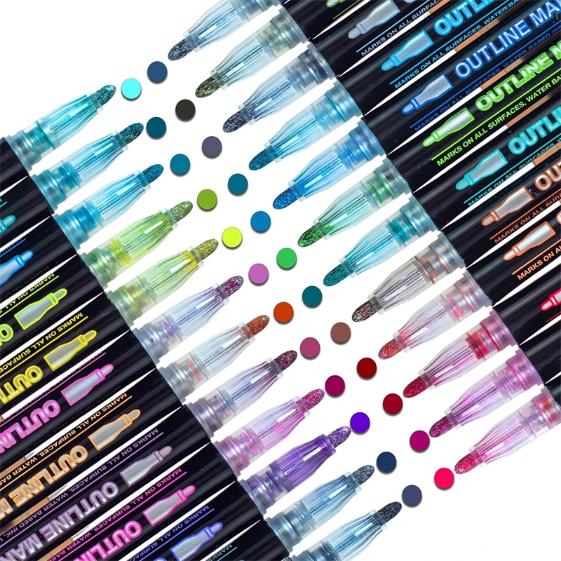 12/24 Farby trblietky Dvojitá čiara kovové markery Set Super Squiggles Sparkle Cool Zábavný fantastický obrys Dazzlers vianočný darček