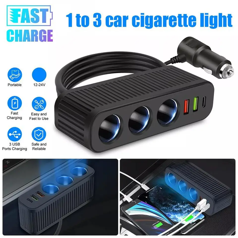 12-24V 6-v-1 Cigareta zapaľovača 120 W 3,1A USB+QC3.0+PD3.1A Rýchle nabíjanie automatického spínaču