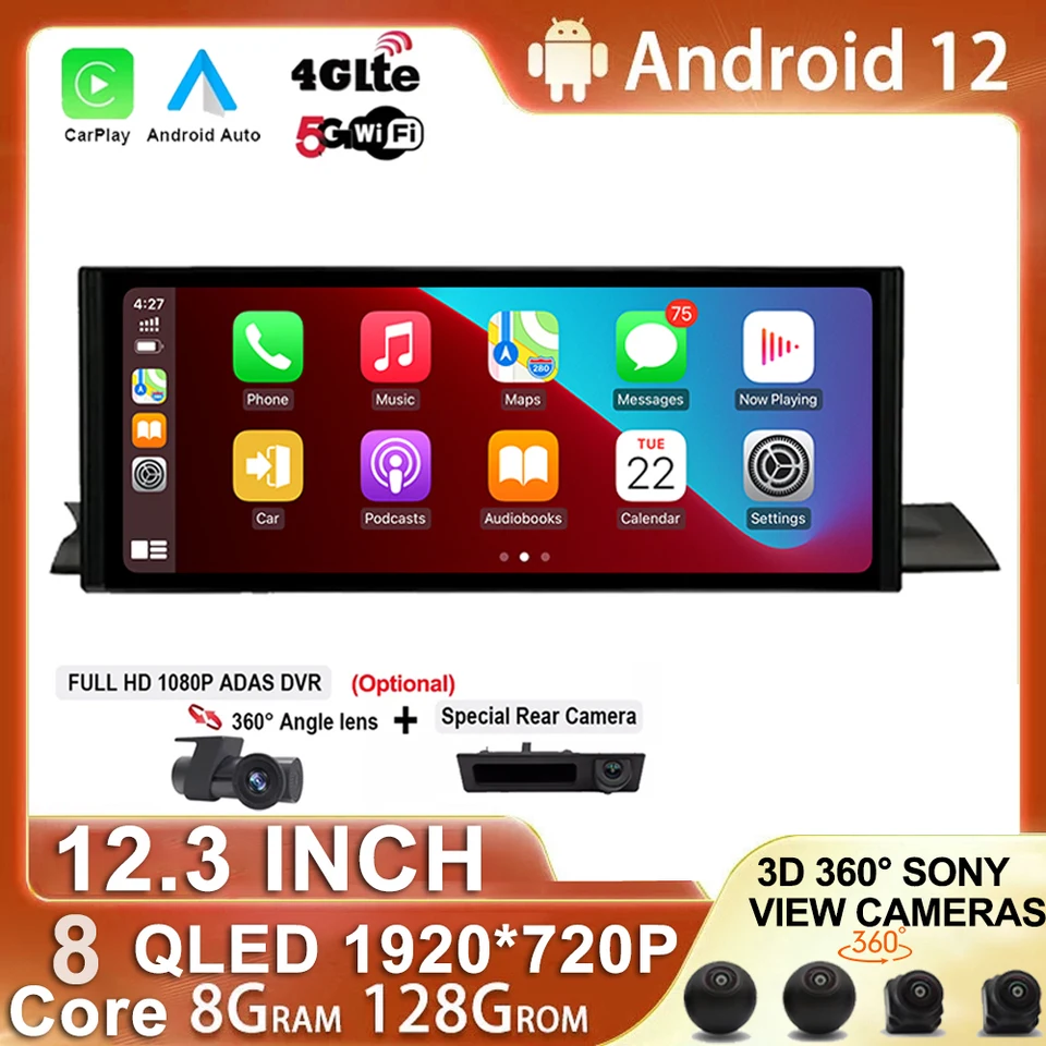 12,3 palca Android 12 pre Audi A4 A5 S4 S5 A4L B8 2017 - 2018 Car Stereo Multimedia Radio Radio Stereoplayer GPS Navigation 4G LTE