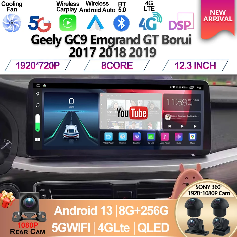 12,3 palca pre Geely GC9 EMGRAND GT BORUI 2017 2018 2019 Android 13 Auto Carpaly Car Radio Multimedia Video Player GPS navigáciu
