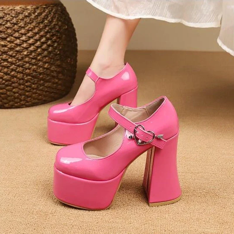 12,5 cm vysoké podpätky Ženy Mary Jane Shoes Platforma Chunky Plytle Buckle Sandals Trend Pink Lolita Pumps Elegantné Mujer Zapatillas