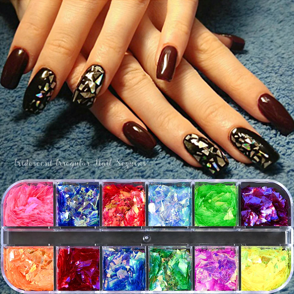12/6gridy Aurora Chameleon Na nechty na nechtových vločkách nepravidelné sklenené flitre 3D Leskiny Mermaid Iridsaid Iridescent vločky diy manikúru *