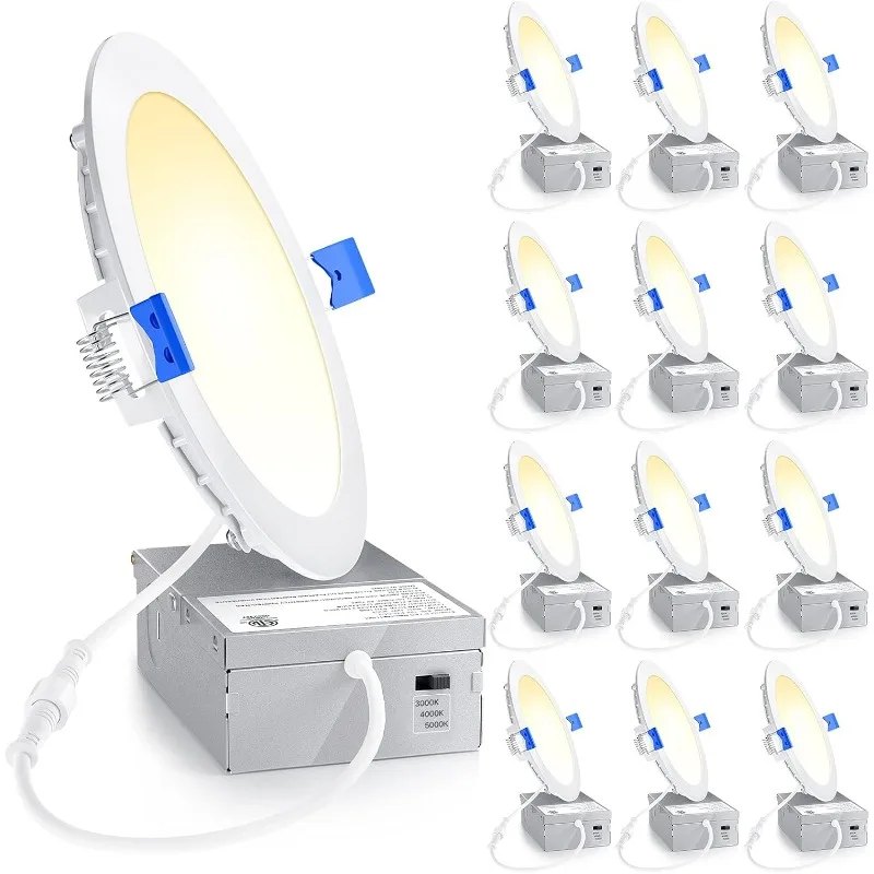 12 balenie 6 palcových ultra tenkých LED zapustené stropné svetlo s spojovacou skrinkou, 3000K/4000K/5000K voliteľné, 12W 110 W EQV,