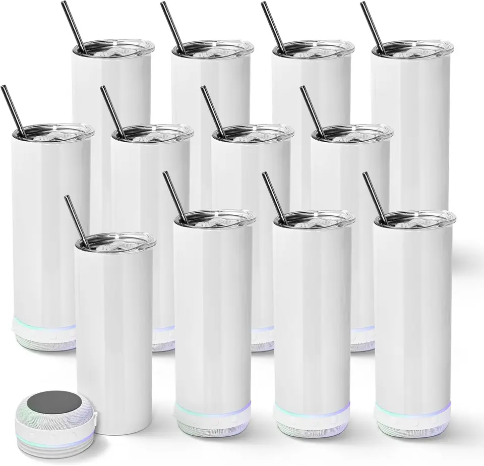 12 balení hudobný reproduktor Punbler so slamkou a vekom 20 oz Skinny z nehrdzavejúcej ocele dvojitá stena Palm Flocker reproduktor pohár pohárika pohára
