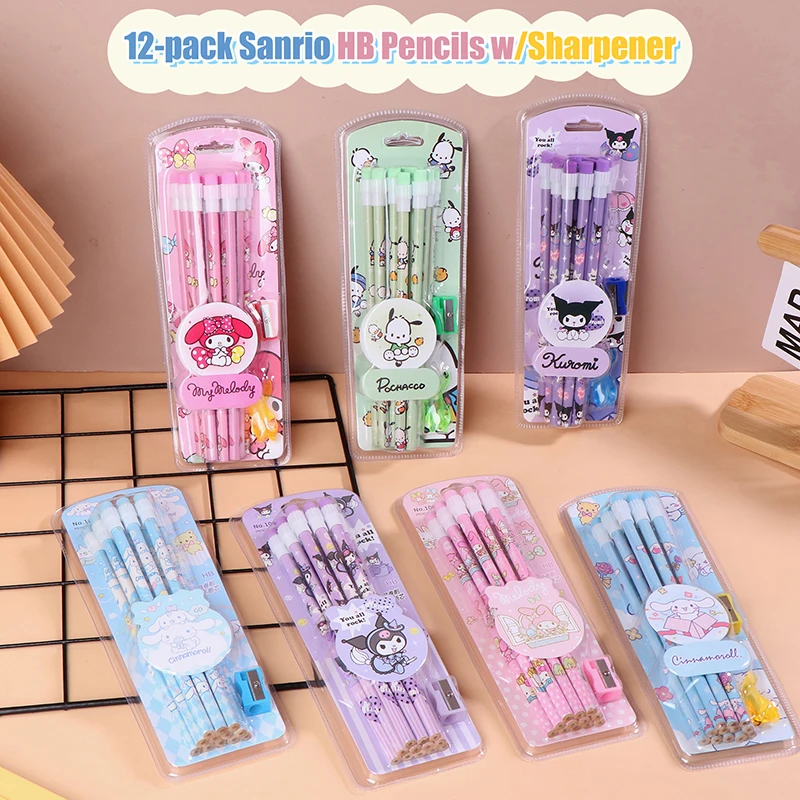 12 balení kawaii sanrio kuromi hb ceruzky s orezávačom anime cinnamoroll Pochacco moja melódia písanie kresby kreslenie ceruzky náčrt