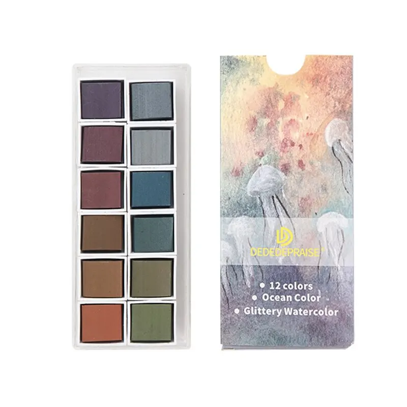 12 farebná vodná farba prenosné plasty box blesk retro perleťové tmavé akvarely set pre umelecké maľovanie nechty