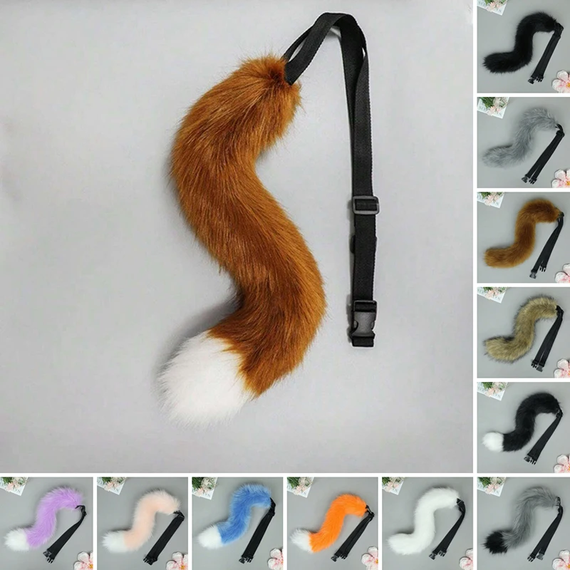 12 farieb 55 cm faux kožušina Cat Tail Anime Cosplay kostým propags Furry Fox Wolf Dog Tail Fursuit plyšový chvost s nastaviteľným opaskom