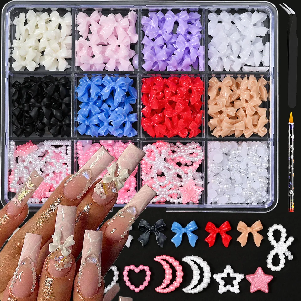 12 grid/krabica zmiešaná pruhová stuha na nechty Kúzla na živicu Päť perálných kvetov Dutlowed Out Pearl Set Jewelry DIY na nechty Art Art