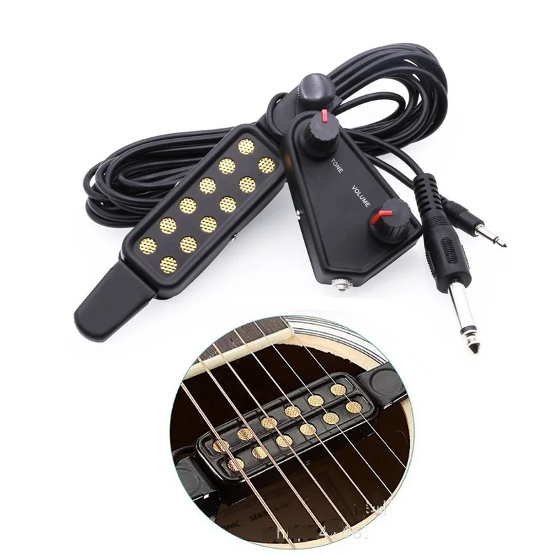 12-jamkové akustické gitarové zvukové diery Pickup Magnetic prevodník s regulátorom hlasitosti zvukového kábla Guitar Audio Kábel a