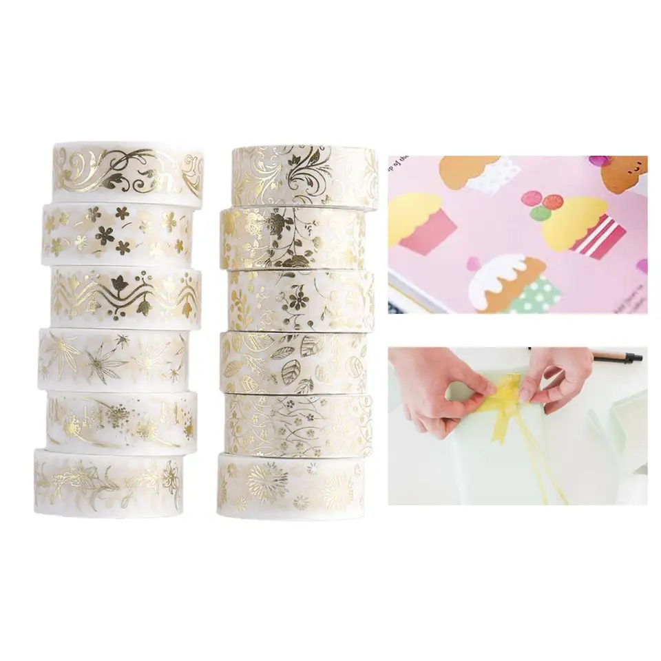 12 krokov Bronzing Washi Tape Set, maskovacia páska, nostalgické farebné pásky pre scrapbook, spotrebný materiál, plánovači, kartu/darčekové obaly