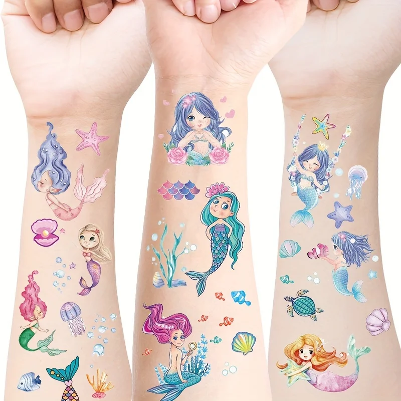 12 listov trblietavých nálepiek na tetovanie morskej panny, karikatúrne dočasné tetovanie pre deti, narodeninové oslavy, láskavosť v oblasti morskej panny Ocean Mermaid Party Decor