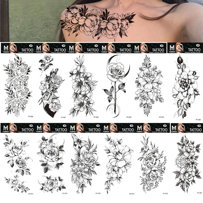12 listov Zdravie Krása Čierny kvet ružovej ruže Dočasné tetovanie Flash Art Body Arm Women Rukáv vodotesná falošná nálepka Tatoo