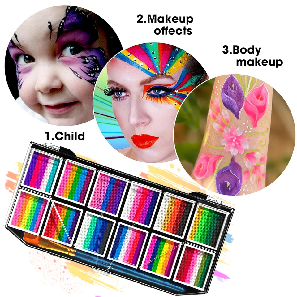 12 mriežky farebná tvár tela Rainbow voda na báze tvárovej maľby tela farebné vianočné halloweenské make-up palety pre deti dospelých