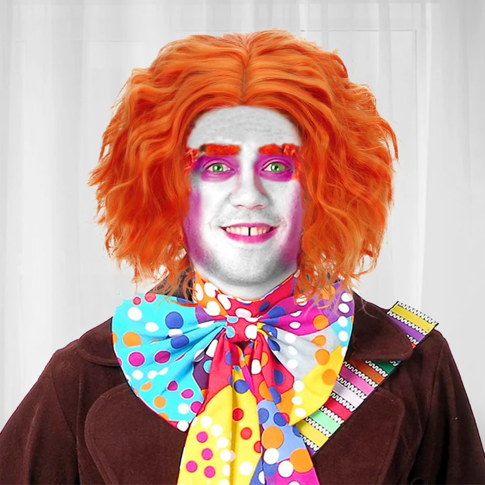 12 -palcový oranžový kučeravý Mad Hatter Cosplay parochňa pre mužov pre Halloween Vianočné školu Deň vďakyvzdania