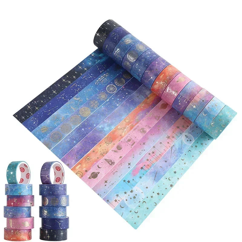 12 roliek Galaxy Washi Tape, Zlatá fóliová konštelácia maskovacia páska, Mesiac, hviezdy, nebeská, DIY Dekoratívna papierová páska
