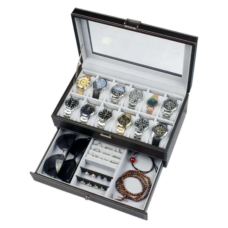 12 slot PU Lockable Lockable Storage Boxes, Men & Dámske šperky Display Puzdro, 2-stupňové organizátor Watch