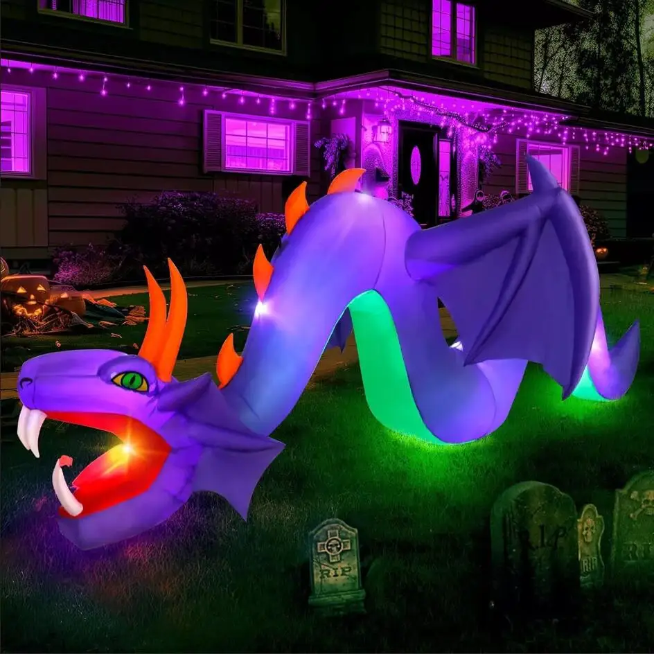 12 stôp Halloween nafukovací drak pre vonkajšie dekorácie osvetlené vyhodené lietajúce drak s otvorenými červenými ústami nafúknuté veľkú hračku