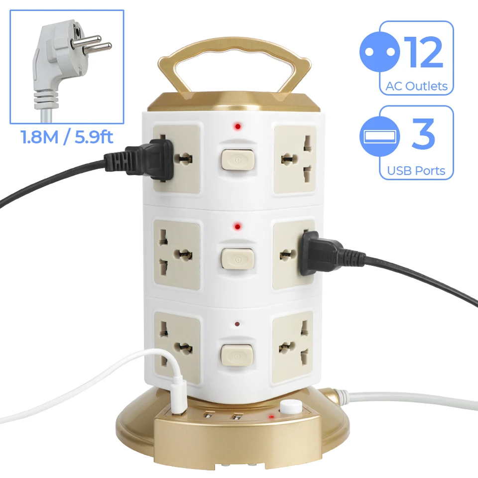 12 -way zásuvky Vertikálne preťaženie ochrancu EÚ US UK UK Universal Socket s 3 USB Tower Multi -Power Strip 1,8 m zástrčka kábla EÚ