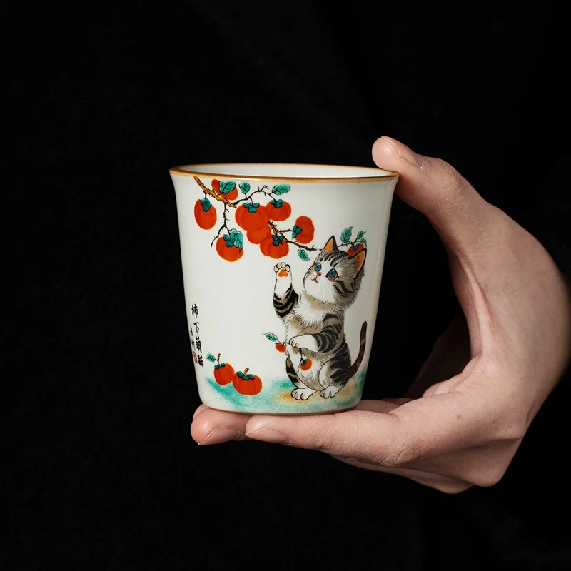 120 ml ru yao roztomilý mačka pod Persimmon Tree Lishi Teacup's Majster Cup Master Cup Otvorenie môže zvýšiť čajový obrad čaju Kungfu