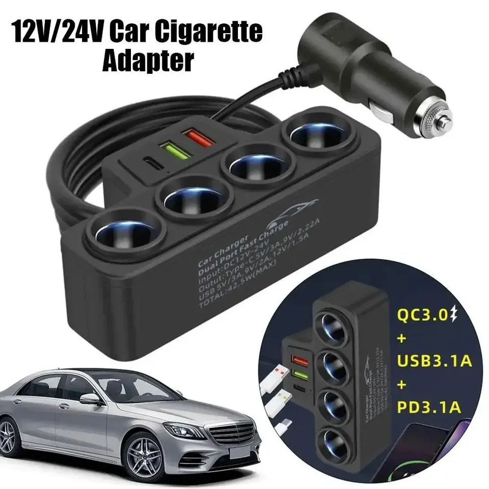 120 W Cigaret Adapter Cigaret Adapter 12v/24v 4-sokecle 3,1a Rýchlejšia nabíjačka nabíjačky USB USB+qc3.0+PD3.1A Príslušenstvo USB USB