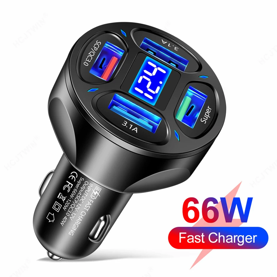 120 W nabíjačka automobilu 12V/24V 4 USB porty 66 W rýchle nabíjacie cigaretové zapaľovač LED Voltmeter pre Huawei Xiaomi iPhone Samsung