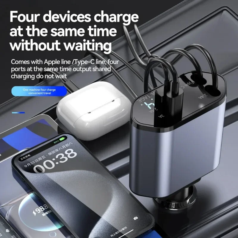 120 W nabíjačka automobilu zatiahnuteľné rýchle nabíjanie vozidla 4 v 1 Charger a 2 porty USB CAR Rýchle nabíjačku