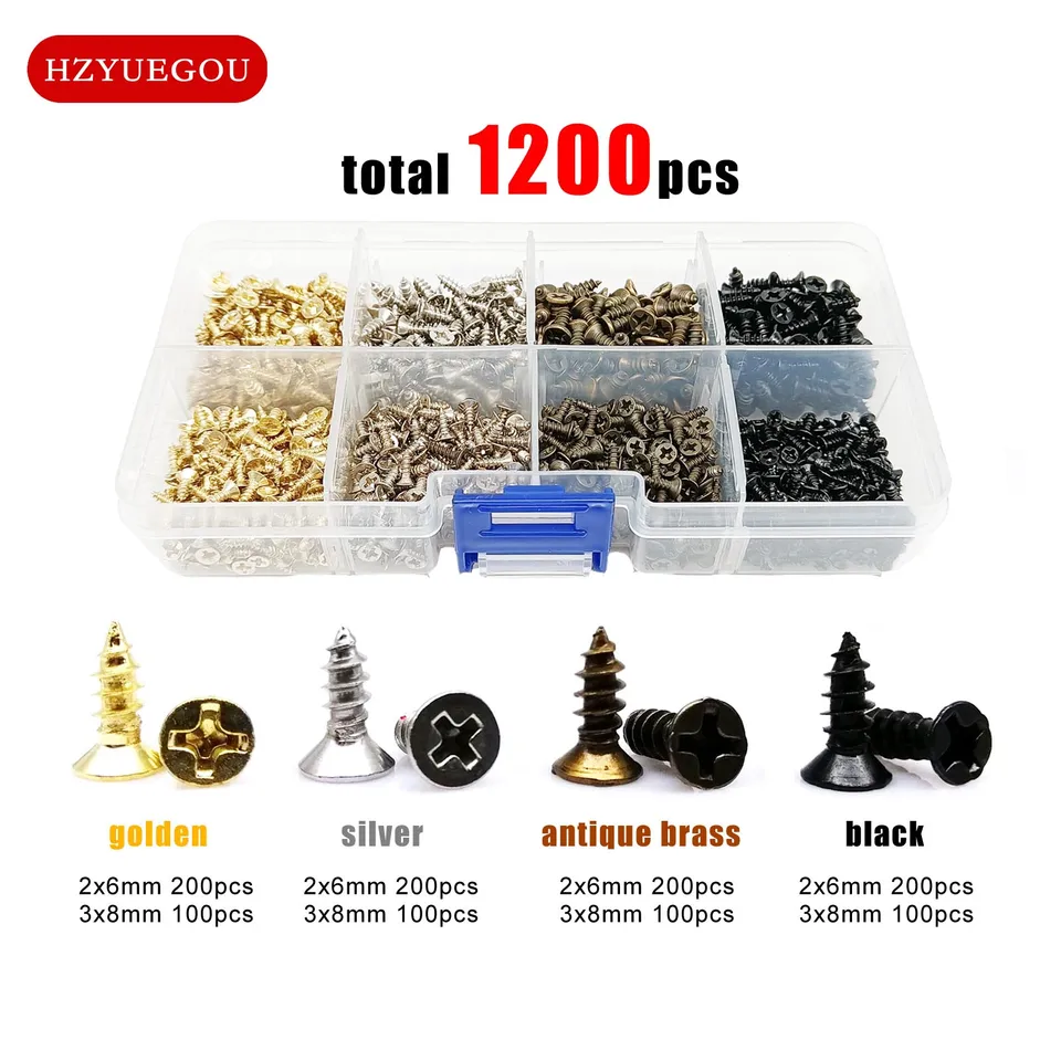 1200ks/súprava malá mini železná skrutka pre šperky v víno puzdro Dollouse nábytok DIY Zlatá strieborná bronzová čierna priemer 2/3 mm