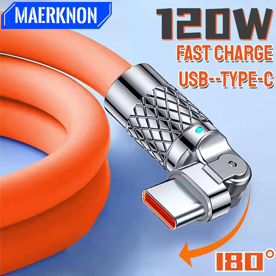 120W 6A Rýchle nabíjanie USB C kábel 180 stupňov Rotácia lakťového nabíjačky Dátového kábla pre iPhone Samsung Xiaomi rýchle nabíjanie drôtu