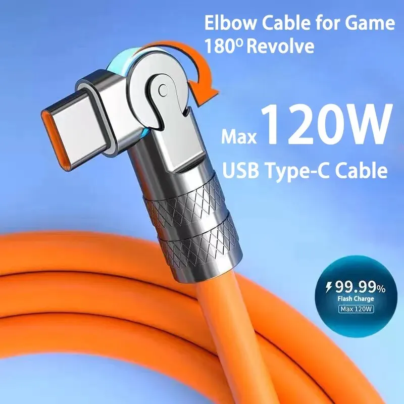 120W 7a Rýchly nabíjanie USB Typ C kábel 180 stupňov Rotácia lakťového kábla pre hru pre Xiaomi Redmi Honor Phone nabíjačku USB C kábel