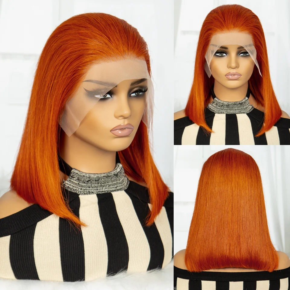 12A Dvojitý kreslený bob rovné ľudské vlasy parochňa 13x4 čipky čelné vlasy Parochňa ľudské vlasy parochne parochne zázvorovej farby vlasov parochň