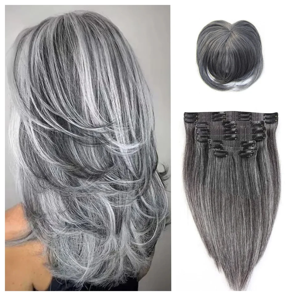 12A Skutočné ľudské vlasy strieborné sivé rovné ľudské vlasy 18 palcových klipov v predlžovaní vlasov Human Hair Clip v predĺženiach pre čierne ženy