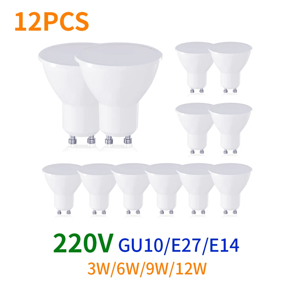 12ks AC220V LED žiarovka 3W 6W 9W 12W GU10 LED reflektor Spotlight Žiarovka 270 stupňov uhol lúča pre domácu kanceláriu Decoration Light Light Light