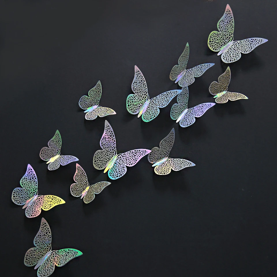 12ks/balenie domácich majstrov Domáca výzdoba Svadobná láskavosť nástenné umenie dutých motýľov obtisky Mirage Farba 3D Fantacy Butterfly Stickers