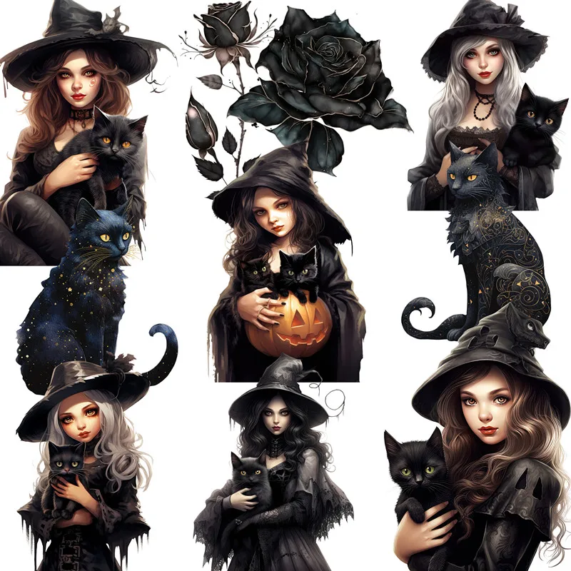 12ks/balíček Halloween Black Cat Witch Sticker DIY Craft Scrapbooking Album Junk Journal Dekoratívne nálepky