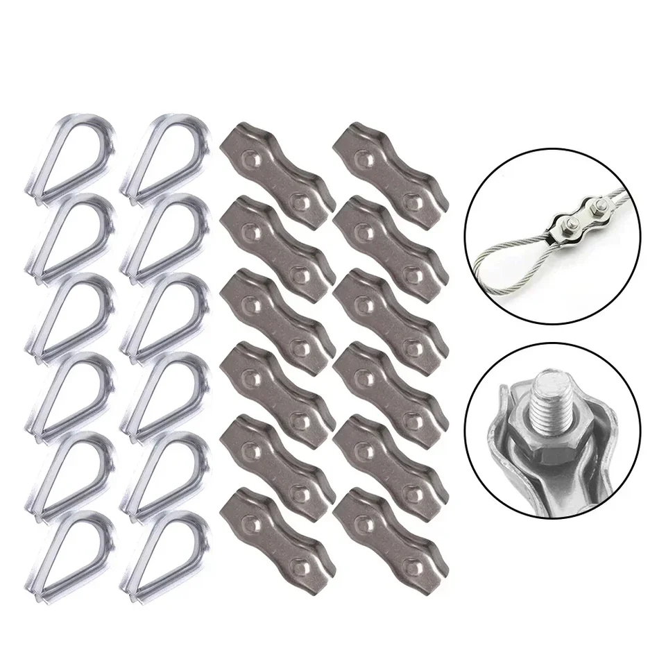 12ks Duplex Clamp a drôtené lano Thimble Kit 304 Nerezová oceľová spona z nehrdzavejúcej ocele High Winning Presnosť