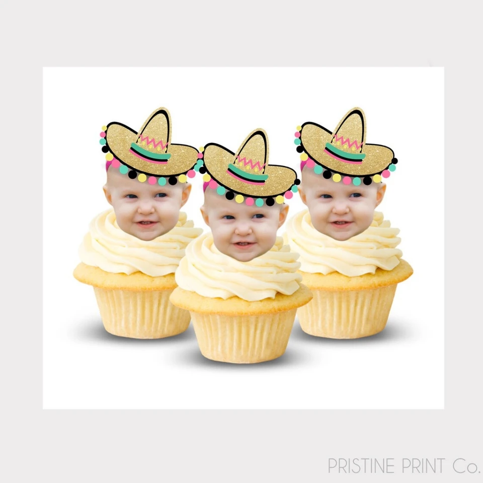12ks Fiesta Cupcake Toppers Mexické košíčky Toppers Pozvánka na narodeniny Fiesta Tvár vystrihnite zaliatky | Prvá fiesta