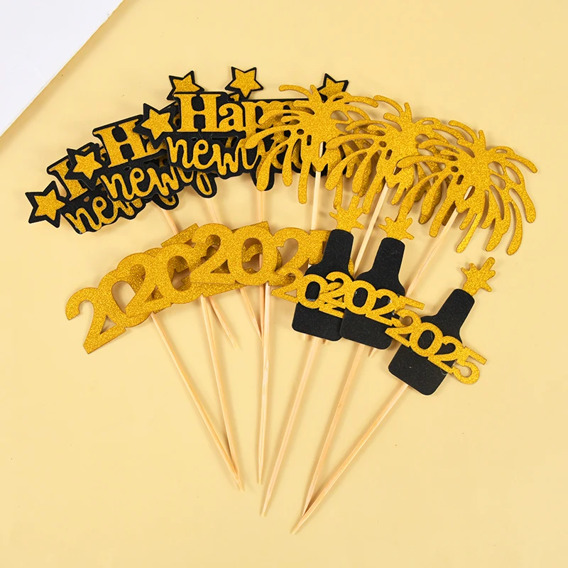 12ks Glitter Gold Happy Nový nový rok 2025 Cupcake Topper Fireworks Cake Decor Doruč