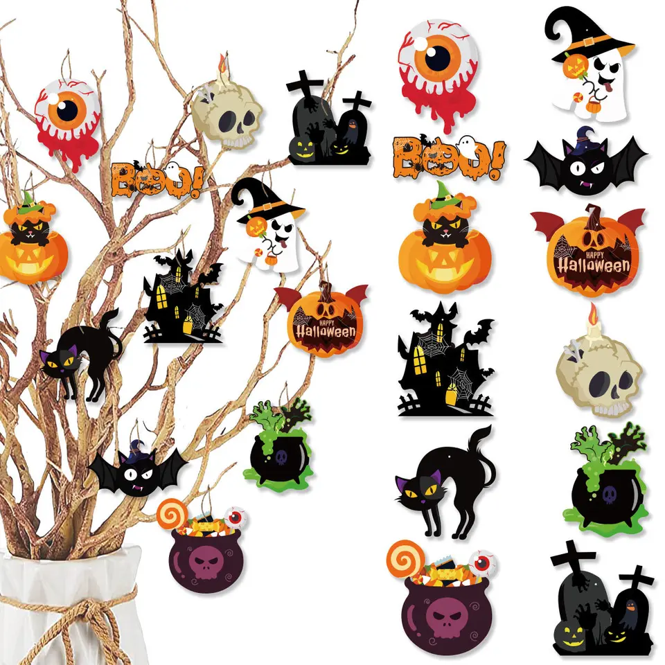12ks Halloween visiace dekorácie Papier Prívesky Karikatúra Halloween darček vianočné stromové ozdoby festival festival Supplies