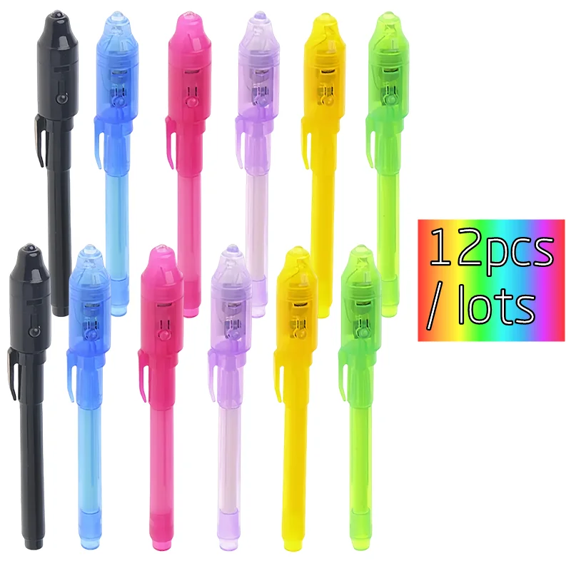 12ks Luminous Light Pen Magic Purple 2 v 1 UV čierne svetlo Kombinácia Kreslenie neviditeľné atramentové pero vzdelávacie hračky pre deti pre dieťa