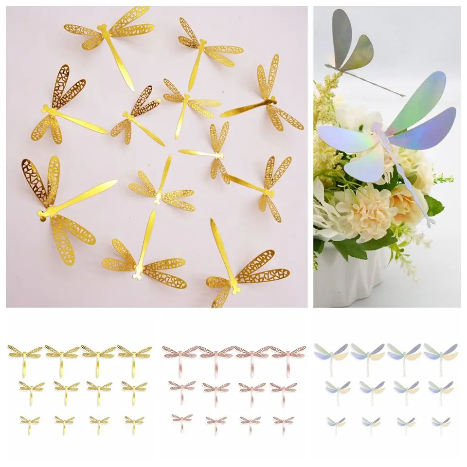 12ks Self-pasívne záhradnícke ozdoby Domáce dekorácie 3D Dragonfly Stumpers Kovová textúra Duté draky na stenu